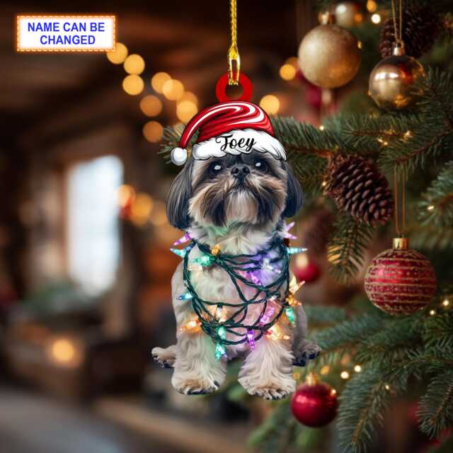 Custom Name Cute Sitting Shih Tzu Dog With Santa Hat Christmas Lights Ornament, Tree Hanging Decor, Flat 2D Ornament - image 1