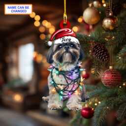Custom Name Cute Sitting Shih Tzu Dog With Santa Hat Christmas Lights Ornament, Tree Hanging Decor, Flat 2D Ornament