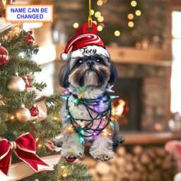 Custom Name Cute Sitting Shih Tzu Dog With Santa Hat Christmas Lights Ornament, Tree Hanging Decor, Flat 2D Ornament - thumbnail 2