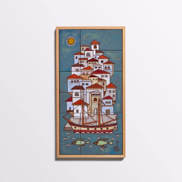Amalfi Coast Ceramic Mural Coastal Decor Sailing Boat Handpainted Tile Beach House Geometric Wall Art Vertical Framed New Home Gift - image 1