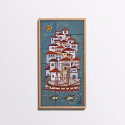 Amalfi Coast Ceramic Mural Coastal Decor Sailing Boat Handpainted Tile Beach House Geometric Wall Art Vertical Framed New Home Gift - thumbnail 1