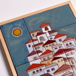 Amalfi Coast Ceramic Mural Coastal Decor Sailing Boat Handpainted Tile Beach House Geometric Wall Art Vertical Framed New Home Gift - thumbnail 3