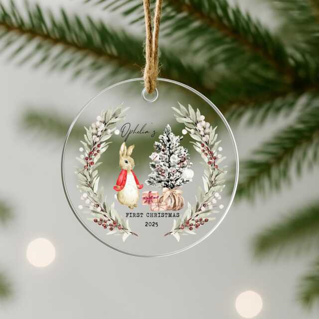 My First Christmas Red Rabbit Wreath Personalised Clear Acrylic Tree Ornament Bauble L 1st Xmas Keepsake Memory Box Decoration - image 1