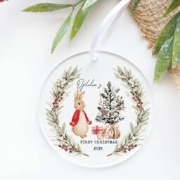 My First Christmas Red Rabbit Wreath Personalised Clear Acrylic Tree Ornament Bauble L 1st Xmas Keepsake Memory Box Decoration - thumbnail 2