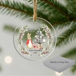 My First Christmas Red Rabbit Wreath Personalised Clear Acrylic Tree Ornament Bauble L 1st Xmas Keepsake Memory Box Decoration - thumbnail 3