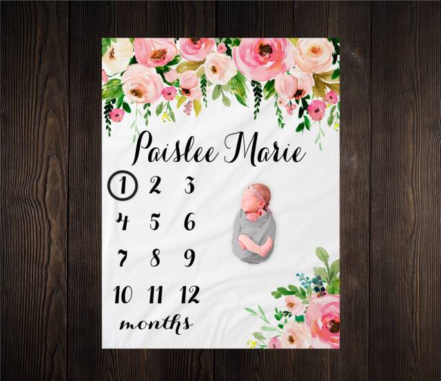 Pink Floral Baby Elephant Milestone Blanket, Safari Shower Gift, Keepsake Girl Wreath Blanket - image 1
