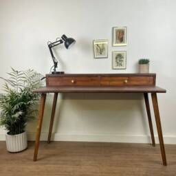 Bespoke Handmade Wooden Dressing Table/Desk. 120 X 60cm , Tapered Legs. Dark, Two Tire, Shelf, Monitors Stand, Computer Drawer Solid Wood - thumbnail 2
