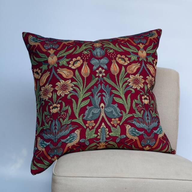 Manor Garden Tapestry Extra-Large Cushion. Morris Style Heavyweight Countryside Botanical Design in Bright Red. 23X23 - image 1