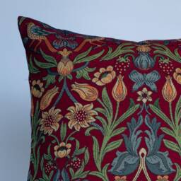 Manor Garden Tapestry Extra-Large Cushion. Morris Style Heavyweight Countryside Botanical Design in Bright Red. 23X23 - thumbnail 2