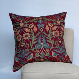 Manor Garden Tapestry Extra-Large Cushion. Morris Style Heavyweight Countryside Botanical Design in Bright Red. 23X23 - thumbnail 1
