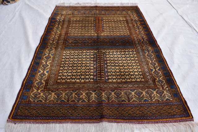 Handmade Afghan Silk Rug Geometric Oriental Carpet - 4.11 X 3.3 Ft - image 1