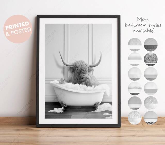 Black & White Highland Cow in A Vintage Bath Wall Art, in Bathtub, Animal Tub Contemporary Art Print Bathroom, Funny Toilet - image 1