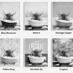 Black & White Highland Cow in A Vintage Bath Wall Art, in Bathtub, Animal Tub Contemporary Art Print Bathroom, Funny Toilet - thumbnail 3