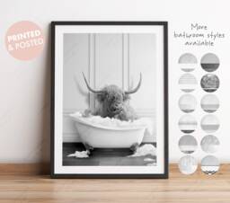 Black & White Highland Cow in A Vintage Bath Wall Art, in Bathtub, Animal Tub Contemporary Art Print Bathroom, Funny Toilet - thumbnail 1