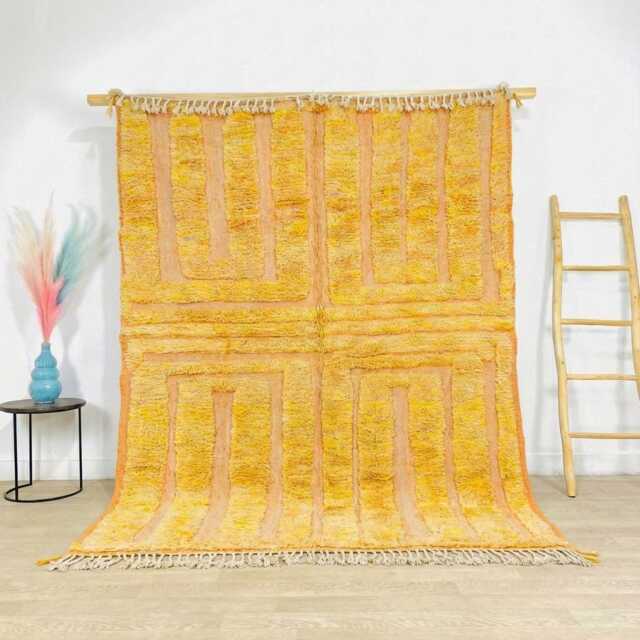 Hand Tufted Moroccan Yellow Berber Rug, Authentic Beni Ourain Carpet, Large 9x12 Area Handwoven Wool Shag Rug With Abstract Lines - image 1