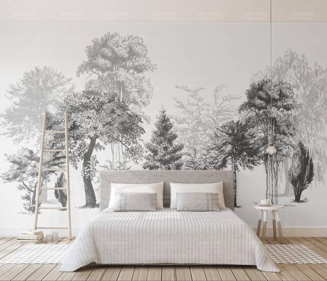3D Forest Wallpaper, Black & White Wall Mural, Peel Stick - image 1