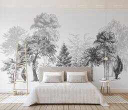 3D Forest Wallpaper, Black & White Wall Mural, Peel Stick - thumbnail 1