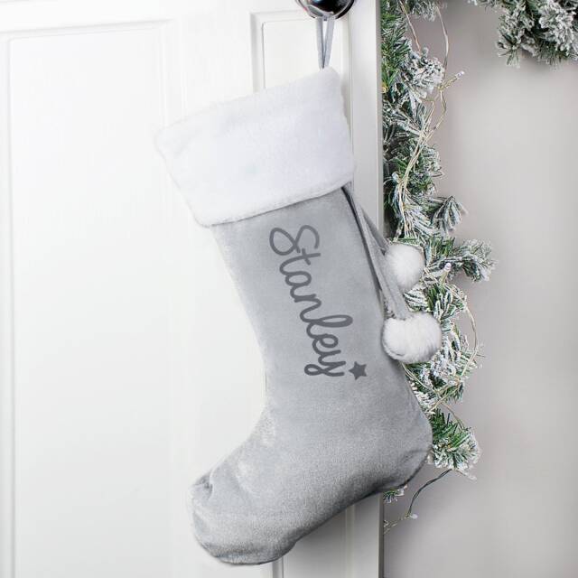 Personalized Silver Grey Velvet Stocking With Name - Christmas Eve Fireplace Decor - image 1