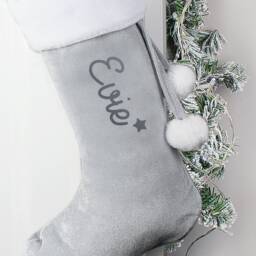 Personalized Silver Grey Velvet Stocking With Name - Christmas Eve Fireplace Decor - thumbnail 2