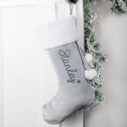 Personalized Silver Grey Velvet Stocking With Name - Christmas Eve Fireplace Decor - thumbnail 1