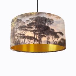 Romantic Trees Landscape Lampshade in Brown Velvet With Gold Lining