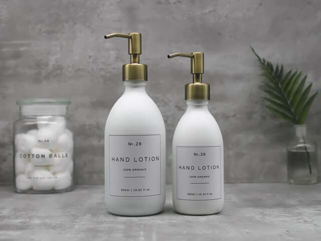 Matte White Glass Soap Dispenser Bottle Brass Gold Pump, Refillable - image 1
