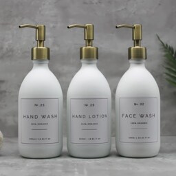 Matte White Glass Soap Dispenser Bottle Brass Gold Pump, Refillable - thumbnail 2