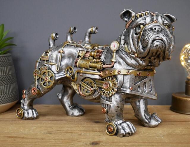 steampunk Bulldog Figurine - Industrial Silver Resin Ornament - image 1