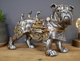 steampunk Bulldog Figurine - Industrial Silver Resin Ornament