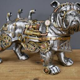 steampunk Bulldog Figurine - Industrial Silver Resin Ornament - thumbnail 4