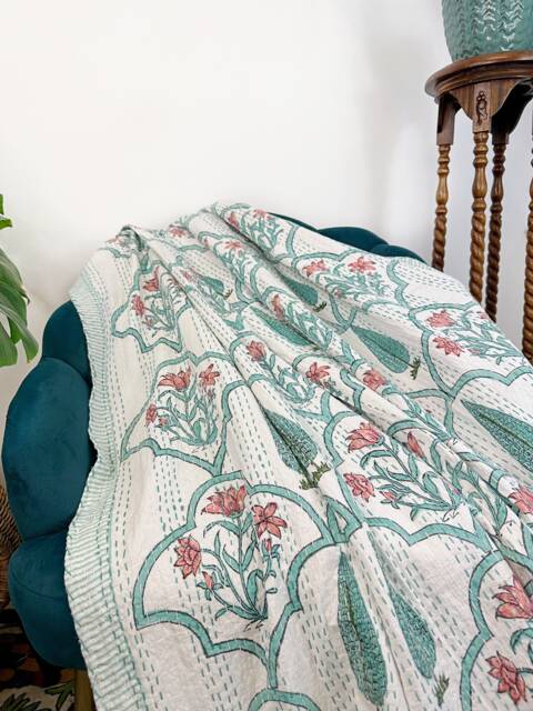 Kantha Stitch Pure Cotton Reversible Bed/Sofa Throw King Size - Handmade Handprinted Floral White Slated Aqua Fern Leaf Mughal Motif Border - image 1