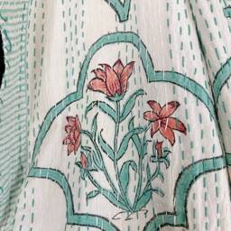 Kantha Stitch Pure Cotton Reversible Bed/Sofa Throw King Size - Handmade Handprinted Floral White Slated Aqua Fern Leaf Mughal Motif Border - thumbnail 3