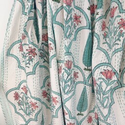 Kantha Stitch Pure Cotton Reversible Bed/Sofa Throw King Size - Handmade Handprinted Floral White Slated Aqua Fern Leaf Mughal Motif Border - thumbnail 2
