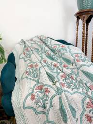 Kantha Stitch Pure Cotton Reversible Bed/Sofa Throw King Size - Handmade Handprinted Floral White Slated Aqua Fern Leaf Mughal Motif Border