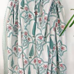 Kantha Stitch Pure Cotton Reversible Bed/Sofa Throw King Size - Handmade Handprinted Floral White Slated Aqua Fern Leaf Mughal Motif Border - thumbnail 4