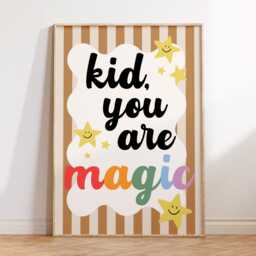 Kid, You Are Magic Print - Children's Bedroom Playroom Nursery Retro Stripe Boys Posters Kids Fun Cute Quotes Blue Brown - thumbnail 2