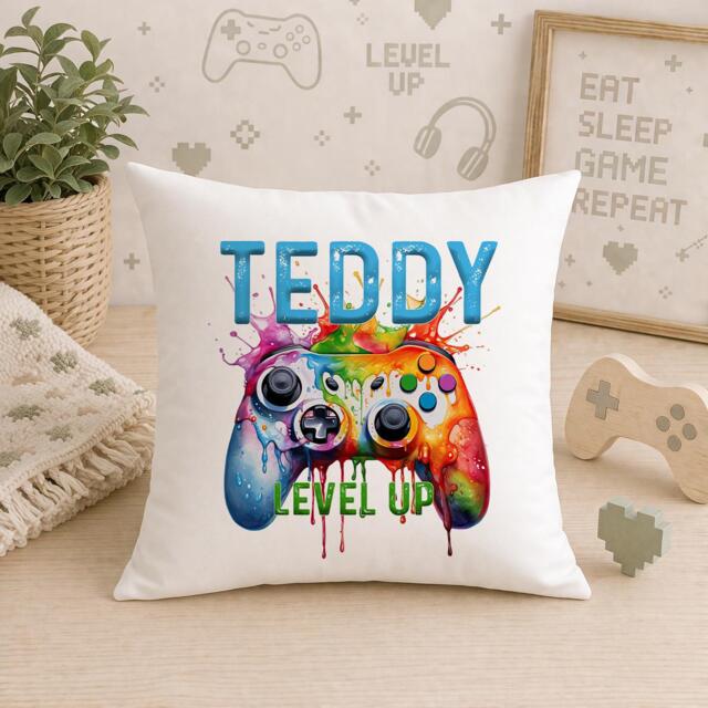 Personalised Cushion Cover Gaming Graffiti Controller Art, Soft Velvet Fabric - Custom Name, 40x40cm, Gift - image 1