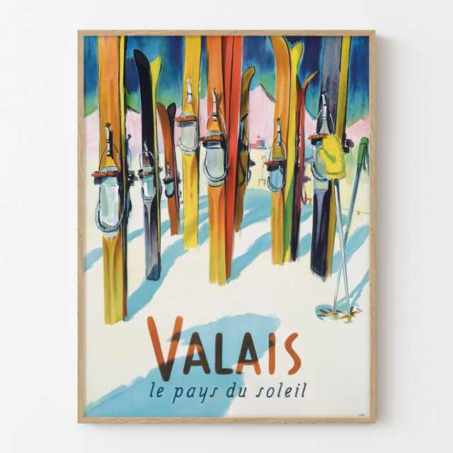 Valais Switzerland Vintage Ski Travel Poster, Swiss Alps Retro Winter Tourism Wall Art Print - image 1