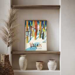 Valais Switzerland Vintage Ski Travel Poster, Swiss Alps Retro Winter Tourism Wall Art Print - thumbnail 3
