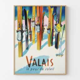 Valais Switzerland Vintage Ski Travel Poster, Swiss Alps Retro Winter Tourism Wall Art Print - thumbnail 1