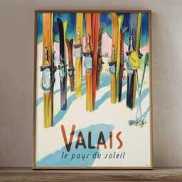 Valais Switzerland Vintage Ski Travel Poster, Swiss Alps Retro Winter Tourism Wall Art Print - thumbnail 2