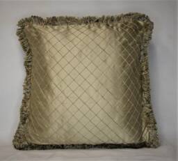 Silk Diamond Tuck Pleated Gold Decorative Throw Pillow With Fringe Handmade in Usa For Sofa Chair Or Bed - thumbnail 1