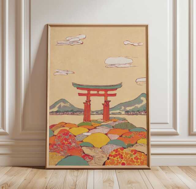 Japanese Landscape Wall Art Poster Torii Gate Mountain Illustration Nature Home Decor Living Room Print Warm Tones - image 1