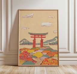 Japanese Landscape Wall Art Poster Torii Gate Mountain Illustration Nature Home Decor Living Room Print Warm Tones - thumbnail 1