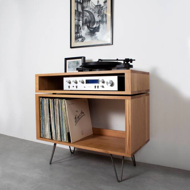 "Solid Oak Record Player Stand, Vinyl Storage On Mid Century Hairpin Legs, ""Oak Stack Stand" - image 1