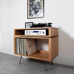 "Solid Oak Record Player Stand, Vinyl Storage On Mid Century Hairpin Legs, ""Oak Stack Stand"