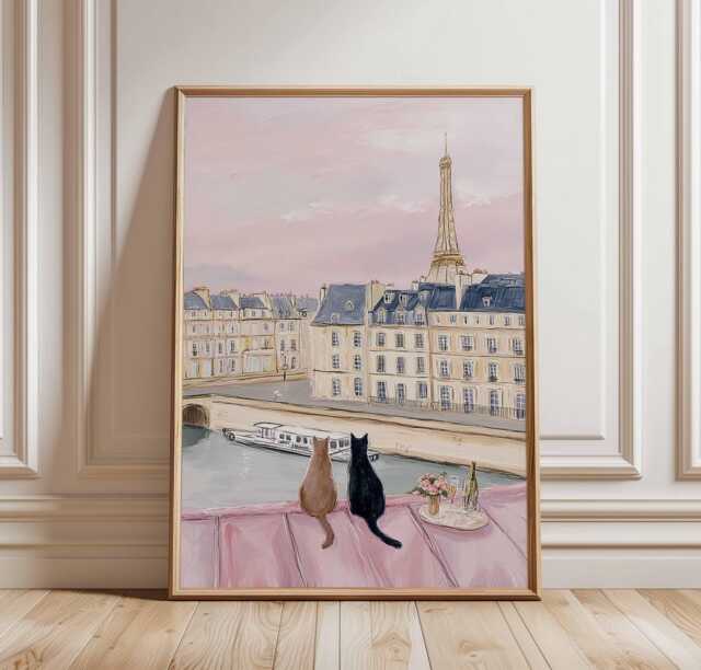 Pastel Paris Cat Art Print, Eiffel Tower, Romantic Parisian Wall Art, French Apartment Decor, Lovers Gift, Cute Pink Aesthetic Poster - image 1