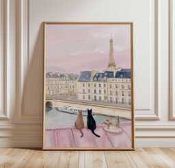 Pastel Paris Cat Art Print, Eiffel Tower, Romantic Parisian Wall Art, French Apartment Decor, Lovers Gift, Cute Pink Aesthetic Poster - thumbnail 1