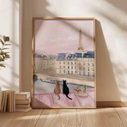Pastel Paris Cat Art Print, Eiffel Tower, Romantic Parisian Wall Art, French Apartment Decor, Lovers Gift, Cute Pink Aesthetic Poster - thumbnail 3