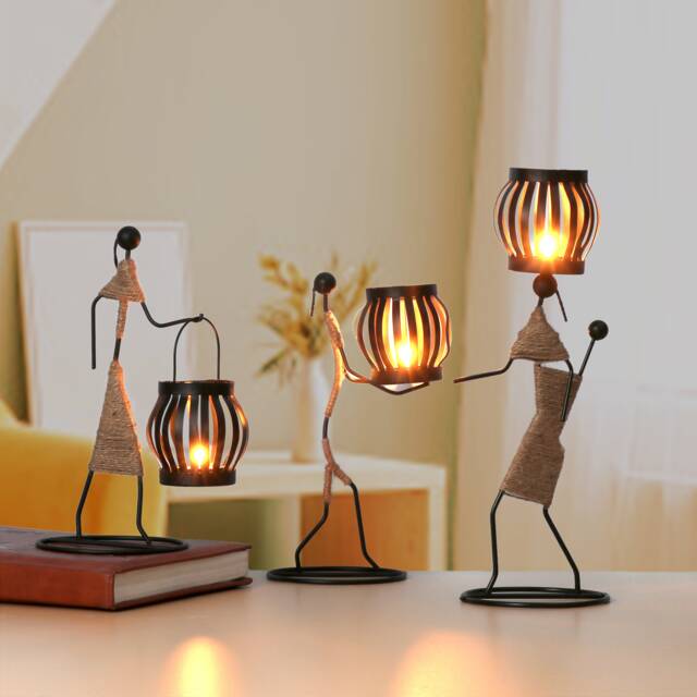 African Figurine Tea Light Holder, Metal & Jute Candle Holder - image 1